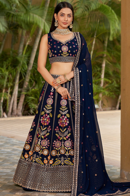 Dark Blue Embroidered Georgette Wedding Wear Lehenga 