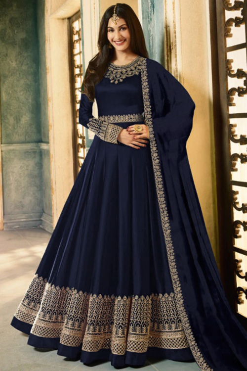 Dark Blue Silk Embroidered Anarkali Suit with Churidar for Wedding & Party