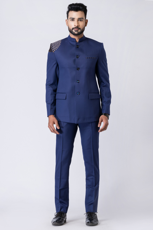 Dark Blue Plain Polyester Jodhpuri Style Men's Coat Pant