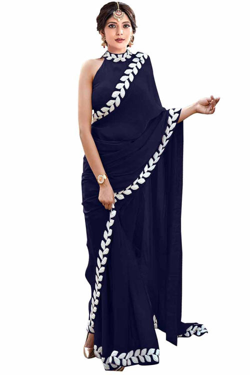 Dark Blue Plain Silk Party Wear Saree