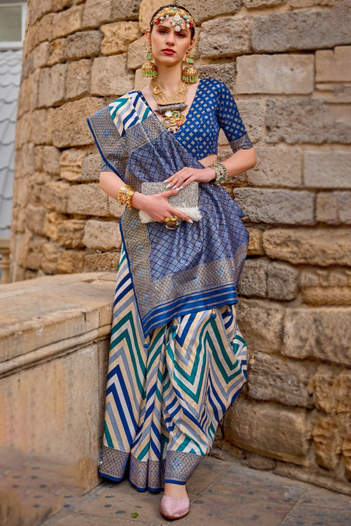 Dark Blue Printed Silk Broad Border Saree