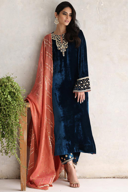 Dark Blue Velvet Embroidered Pakistani Trouser Suit