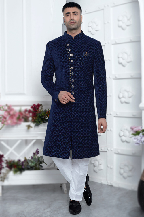 Dark Blue Velvet Sequins Embroidered Straight Cut Men'S Sherwani