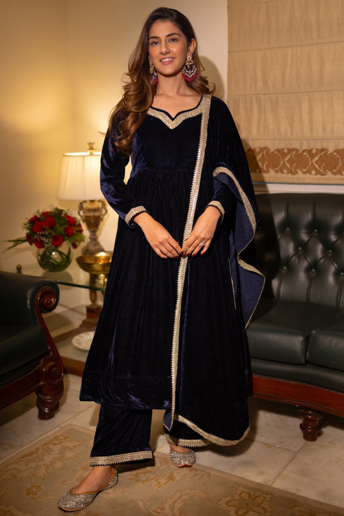 Dark Blue Velvet Trouser Suit with Lace Work for Diwali