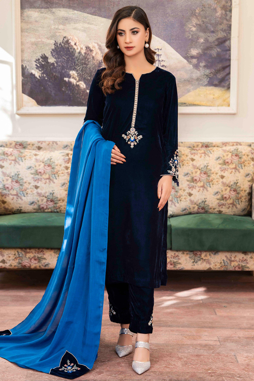 Dark Blue Velvet Trouser Suit with Zardosi Work For Festive Wear