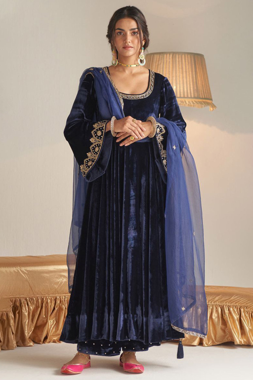 Dark Blue Velvet Trouser Suit with Zari Work for Party Wear