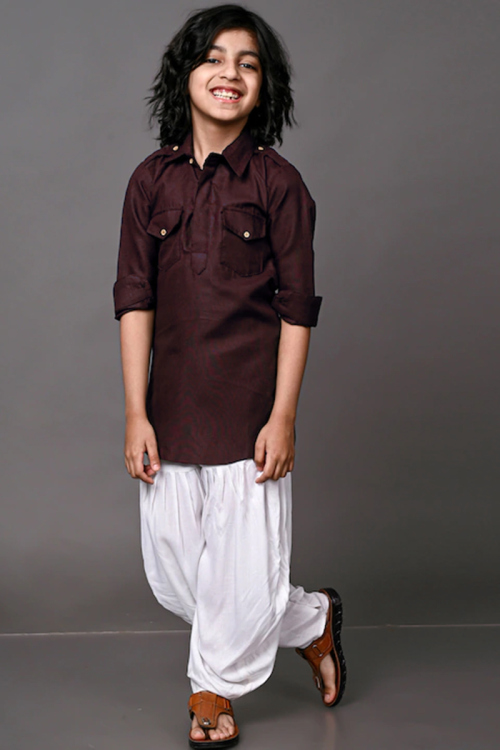Dark Brown Cotton Straight Cut Kid's Kurta Pajama