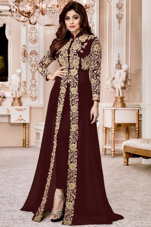 Dark Brown Georgette Anarkali Suit for Wedding With Zari Work