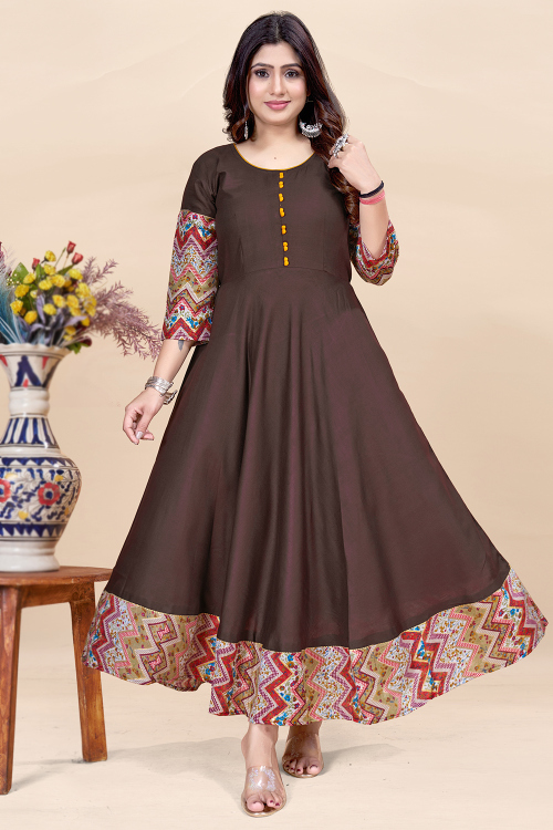 Dark Brown Rayon Printed Anarkali Style Kurti