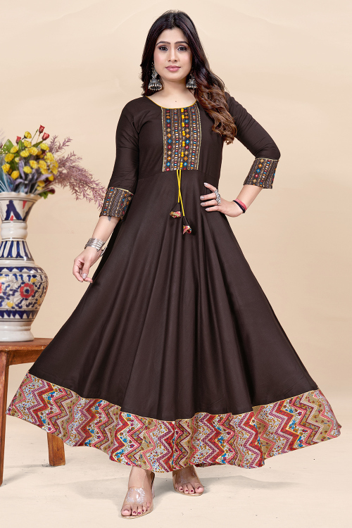 Dark Brown Rayon Anarkali Kurti with Allover Print