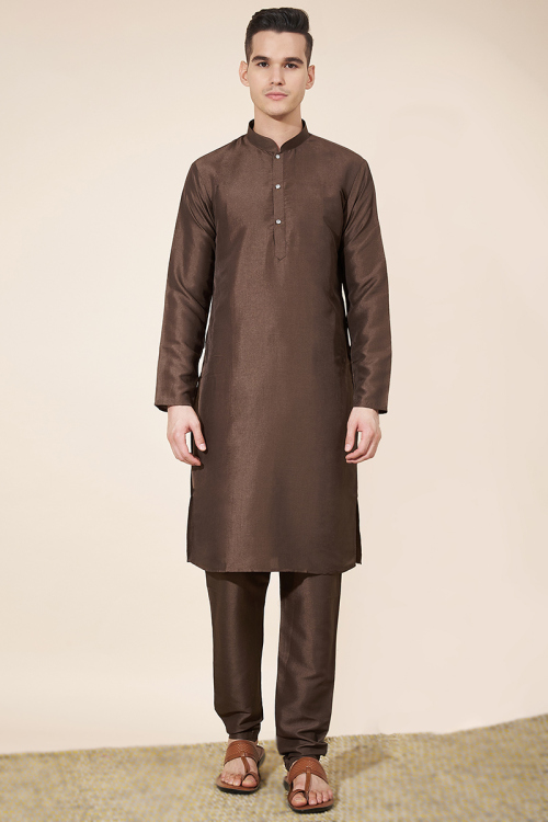Dark Brown Silk Plain Straight Cut Men's Kurta Pajama