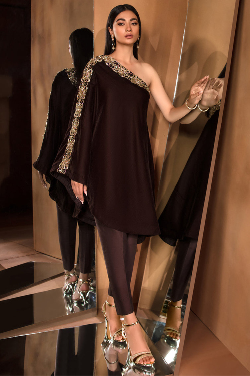 Dark Brown Velvet Embroidered Indo-Western Style Trouser Suit For Party