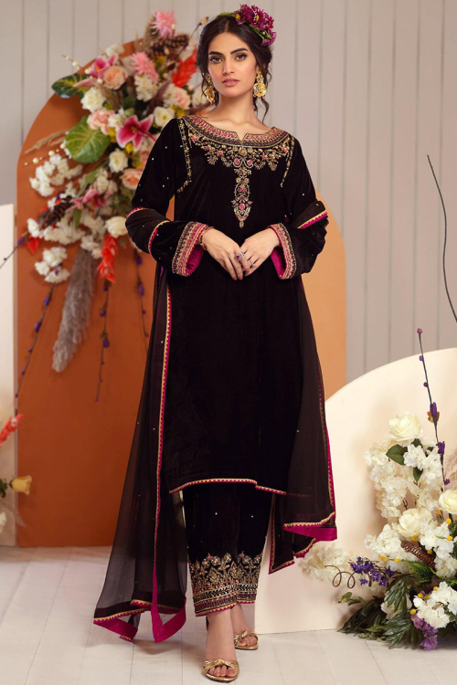 Velvet Dark Brown Zari Embroidered Trouser Suit for Party 