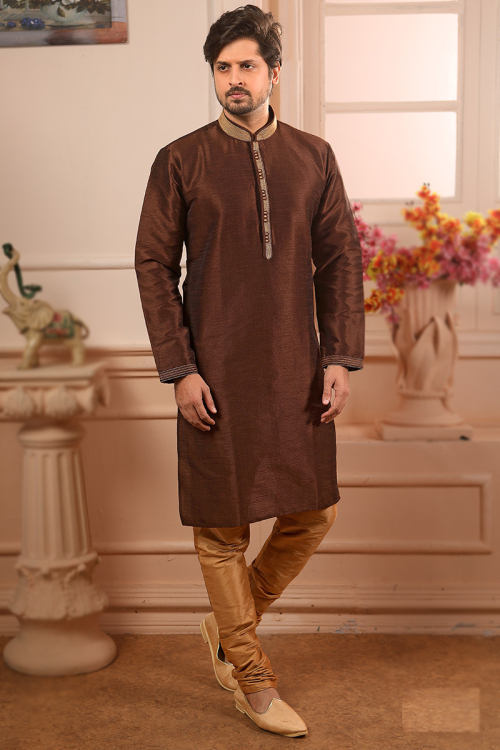 Dark Brown Woven Zari Art Silk Straight Cut Men's Kurta Churidar