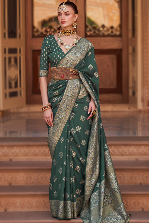Dark Forest Green Silk Foil Print Broad Border Saree 