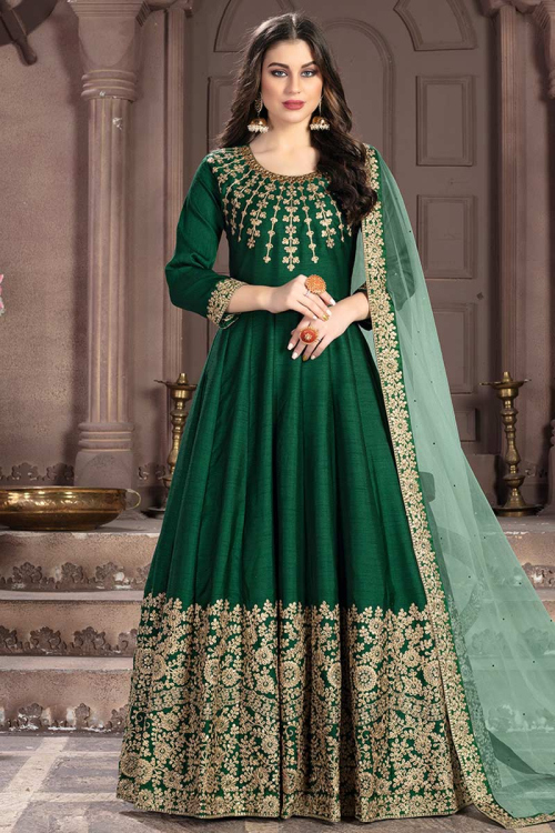 Dark Green Banglori Silk Indian Anarkali Salwar Suit With Dori Work