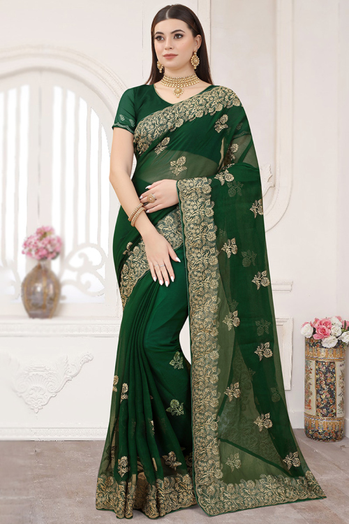 Woven Saree in Chiffon Dark Green for Party 