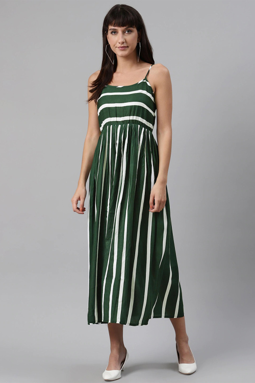 Dark Green Cotton Dress With Printed Work For Casual Wear