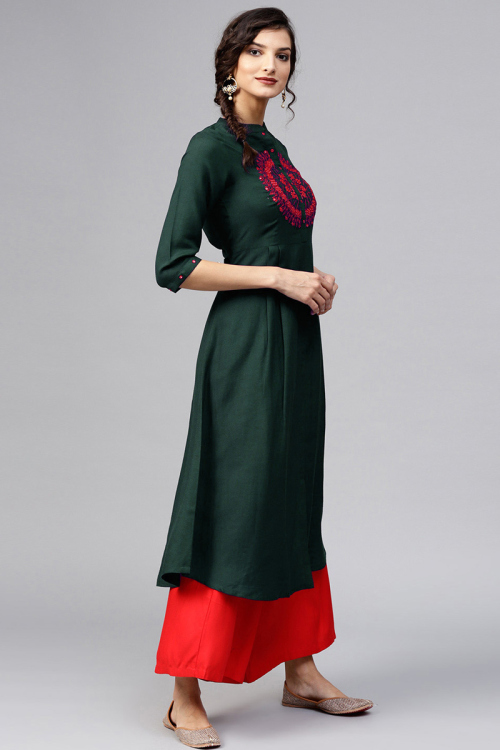 Wedding Exclusive Dark Green Cotton Rayon Embroidered Trouser Suit