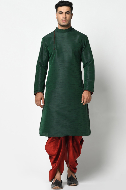 Dark Green Dupion Silk Men Kurta With Dhoti