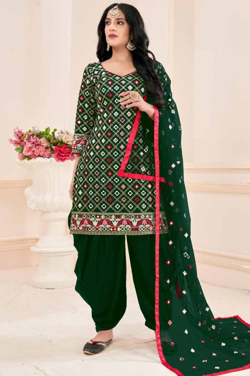 Dark Green Cotton Patiala with Resham and Mirror Work Party Wear Salwar Kameez