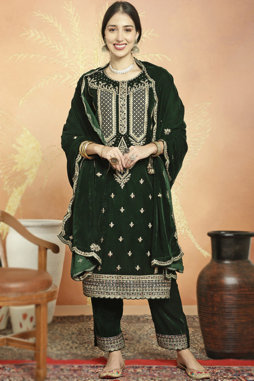 Dark Green Velvet Embroidered Straight Cut Salwar Kameez
