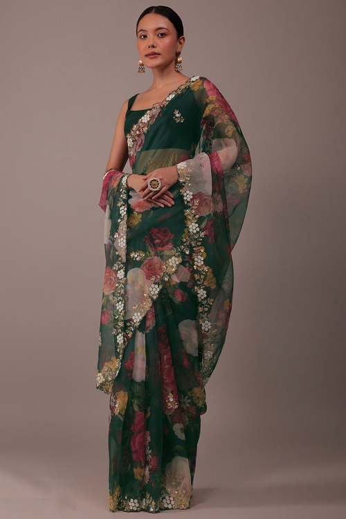 Dark Green Floral Printed Organza Saree For Mehndi 