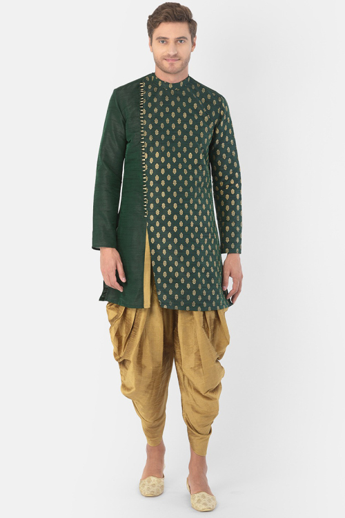 Dark Green Foil Printed Dupion Silk Men's Kurta With Dhoti Pants