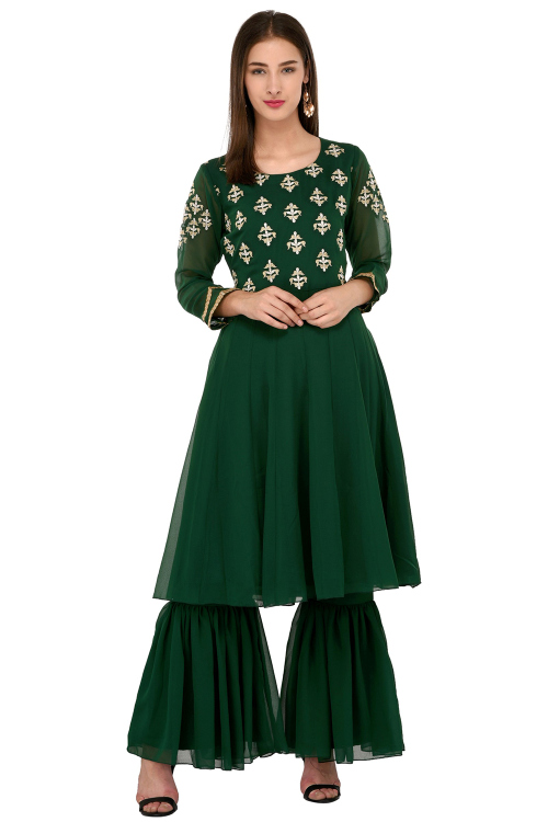 Dark Green Georgette A-Line Kurti With Lace Work For Diwali