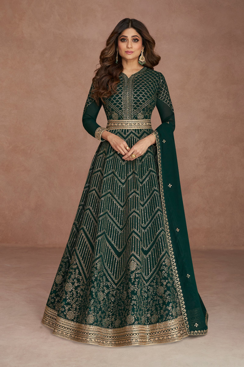 Dark Green Anarkali with Churidar Party Wear Anarkali Suit in Georgette for Wedding