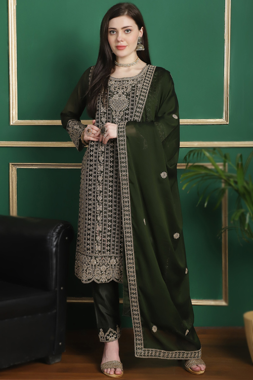 Dark Green Georgette Dori Embroidered Trouser Suit For Mehndi 