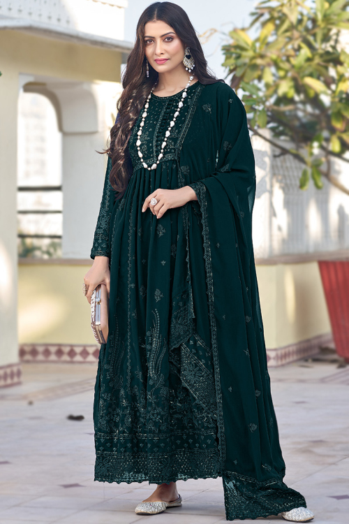Dark Green Georgette Embroidered Anarkali Suit For Mehndi
