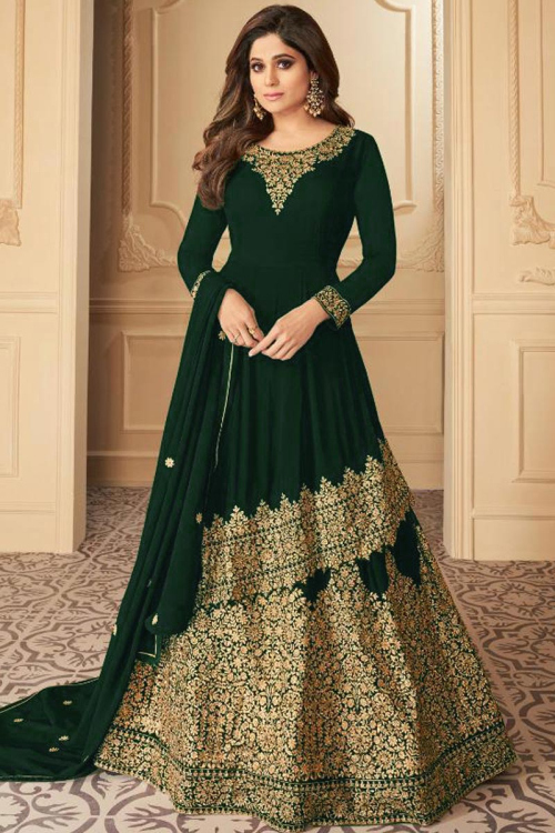 Georgette Dark Green Stone Embroidered Party Wear Anarkali Suit
