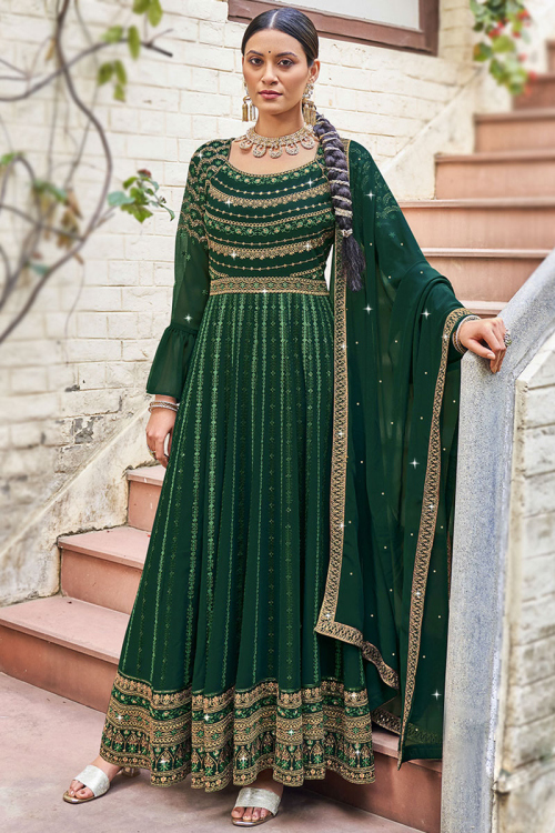 Sequins Work Dark Green Anarkali Suit in Georgette for Party 