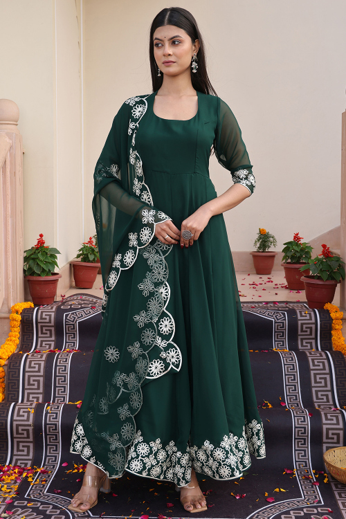Dark Green Georgette Embroidered Anarkali Suit 