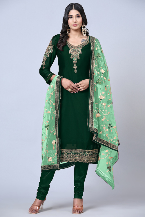 Mehndi Lace Embroidered Dark Green Churidar Suit in Georgette