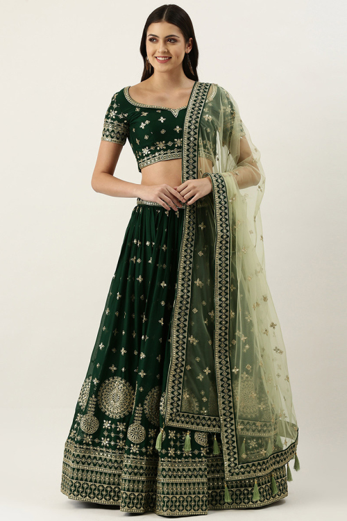 Dark Green Georgette Embroidered Lehenga
