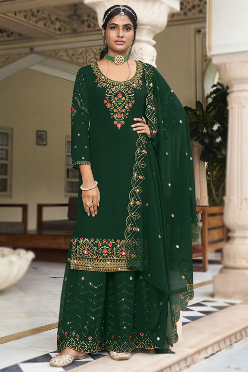 Dark Green Georgette Embroidered Sharara Suit For Mehndi 