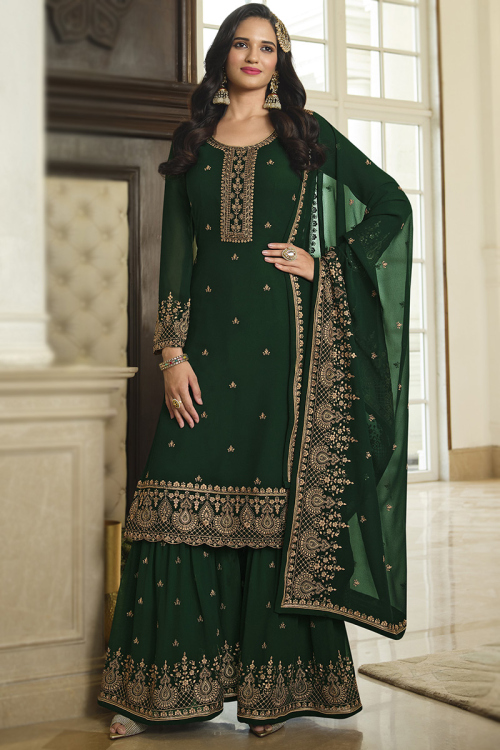 Georgette Dark Green Resham Embroidered Wedding Wear Sharara Suit