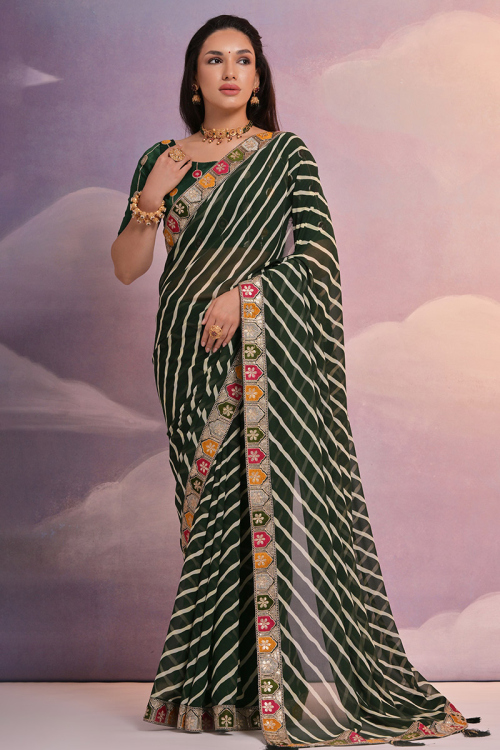 Dark Green Georgette Lehariya Printed Saree