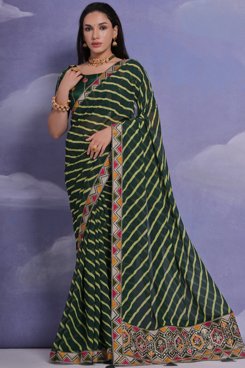 Dark Green Georgette Printed Leheriya Saree