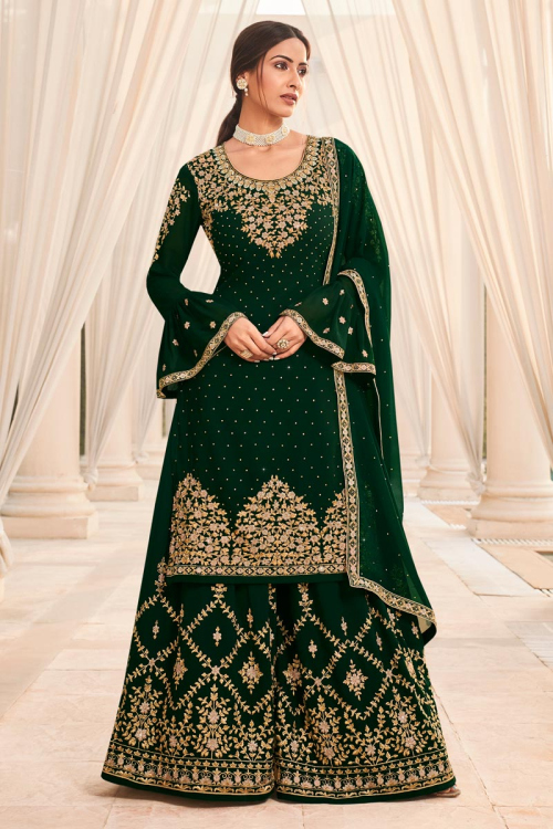 Dark Green Straight Cut Georgette Sharara Suit for Wedding & Party