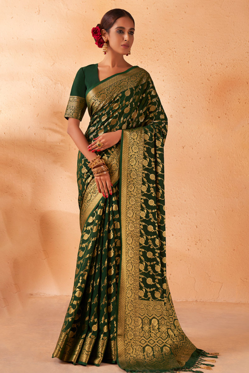 Dark Green Georgette Woven Zari Broad Border Saree 