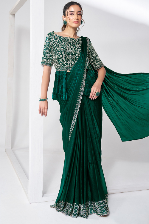 Dark Green Metallic Organza Embroidered Ready to Wear Pre-Stitched Saree