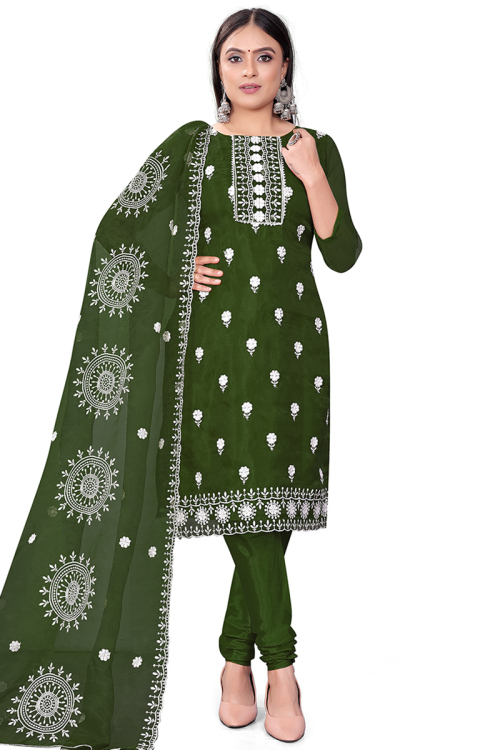 Dark Green Organza Embroidered Churidar Suit For Mehndi