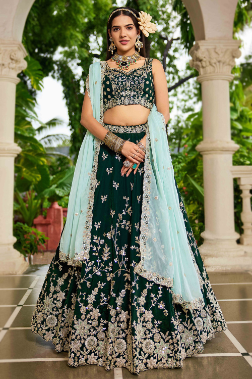Dark Green Organza Panelled Lehenga With Sequins Work