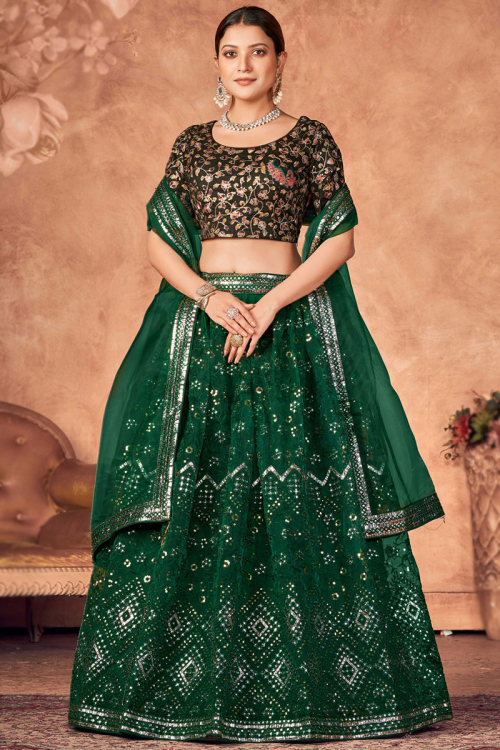 Dark Green Organza Zari Embroidered Lehenga