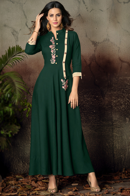 Dark Green Ankle Length Rayon Kurti for Party 