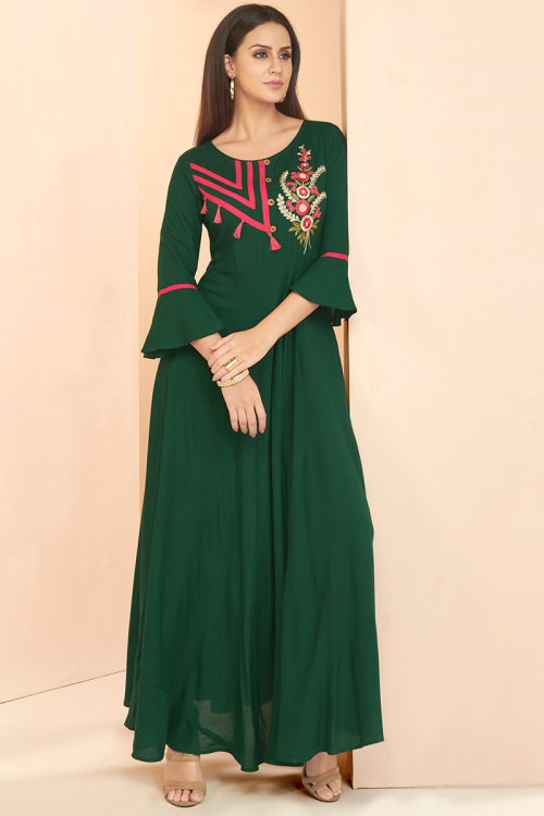 Floor Length Kurti in Rayon Dark Green for Party 