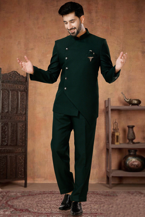 Dark Green Rayon Plain Jodhpuri Style Men's Suit